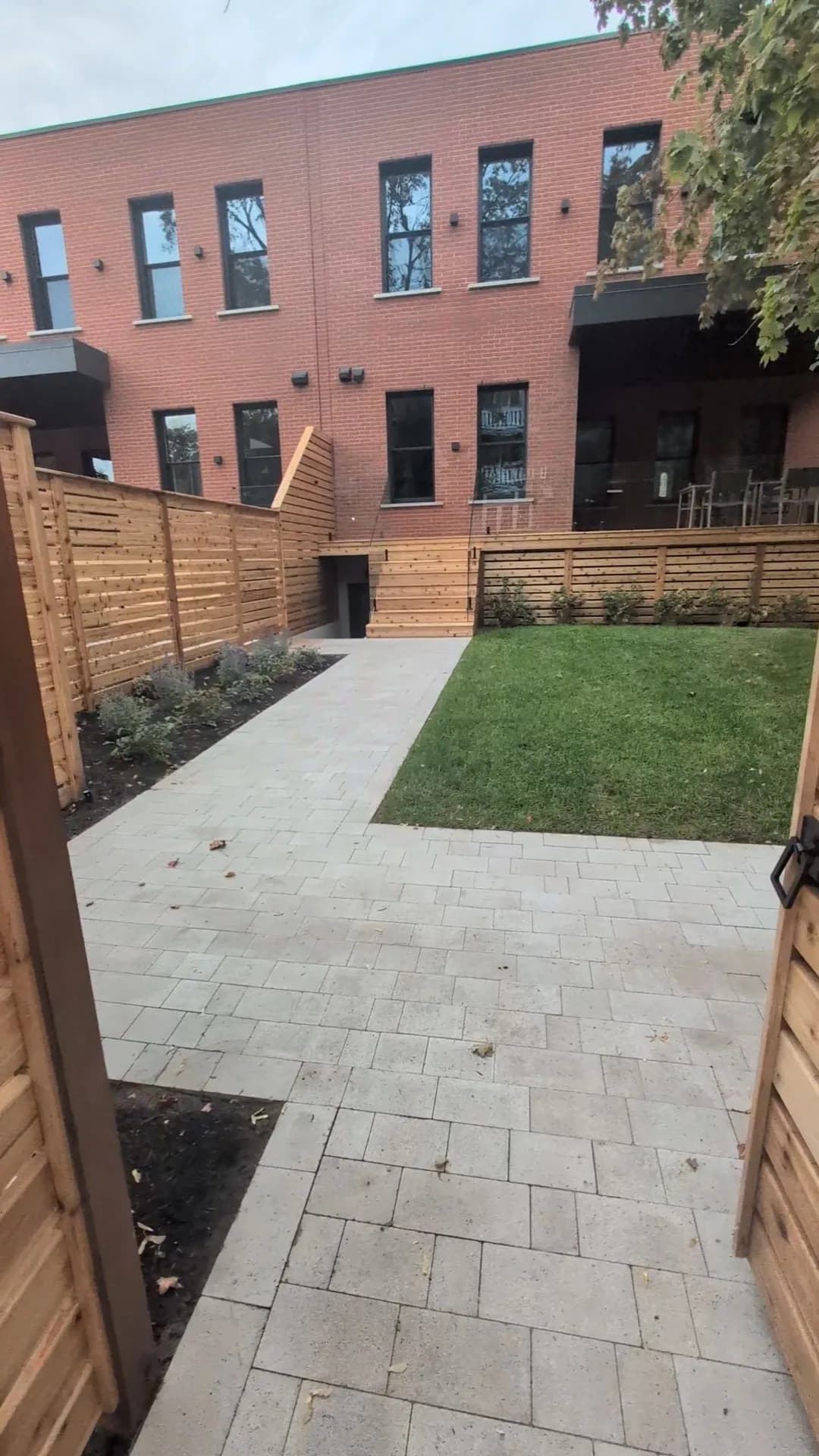 Cour arrière urbaine avec allée en pavé, gazon neuf et clôture en cèdre horizontale
